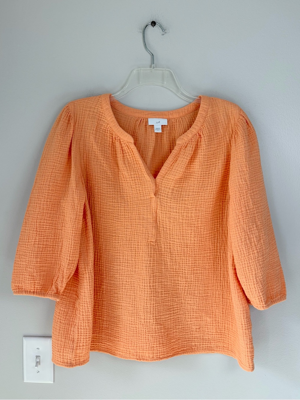 J. Jill Light Orange Cotton Gauze Cropped Sleeve Split Neck Popover Blouse